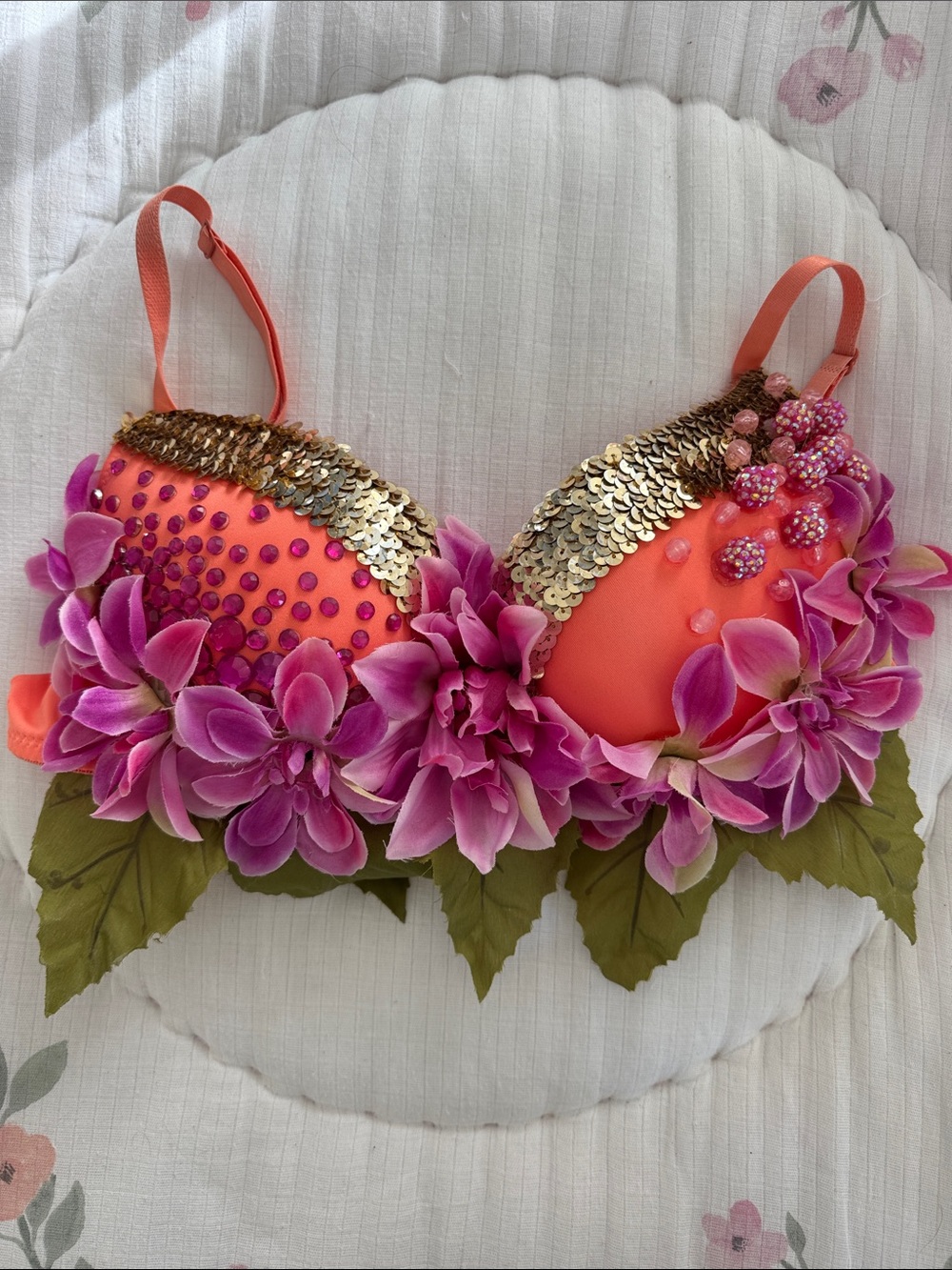 Floral Sequin Push-Up Rave Bra - Pink & Coral